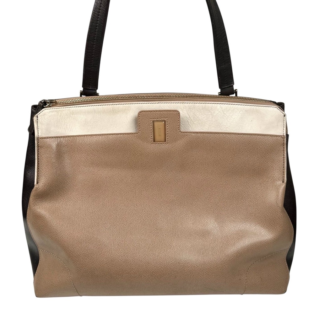 Furla Top Handle Handbag Italian Leather Purse Taupe Cream Brown